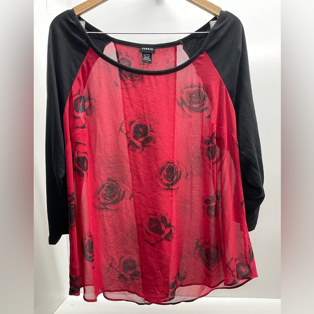 torrid Black & Red Rose Raglan Chiffon Sheer Top